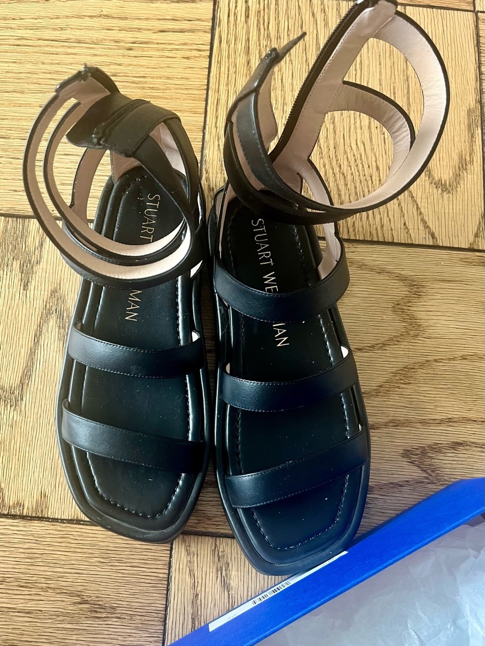 Stuart Weitzman Gala Lift Tall Black Leather Gladiator Sandal Size 9.5 - Picture 5 of 14